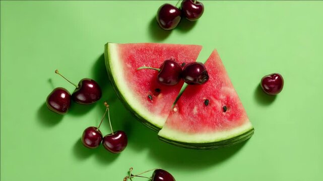 Fresh watermelon slice rests on bright green surface. Cherries surround the fruit, glossy and ripe. Red flesh, green rind, and seeds are clearly visible. Natural lighting enhances the vibrant colors