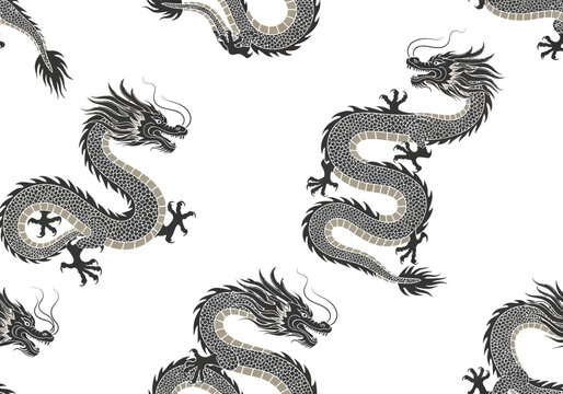 A dragon pattern featuring mythical creatures on a white background.
