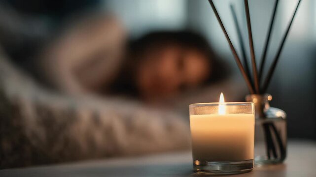Soft glow candle burns beside diffuser. Blurry person rests in background. Cozy, tranquil night scene. Warm light, quiet ambiance. Relaxing, intimate atmosphere. Peaceful, soothing setting