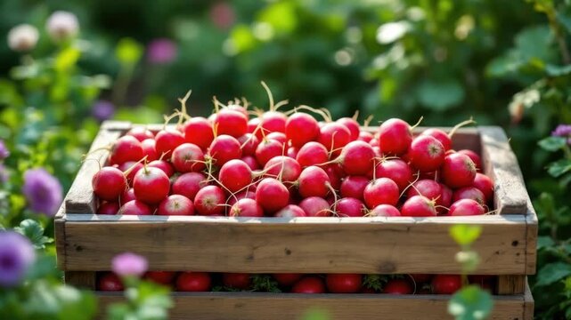 Freshly harvested radishes in wooden crate surrounded by lush green garden