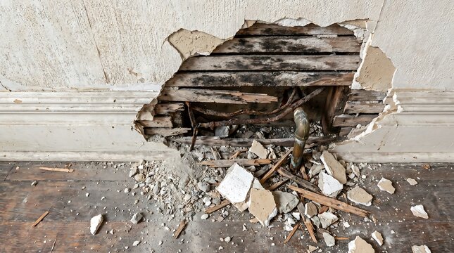 Damaged Interior Wall with Exposed Lath and Debris on Floor.