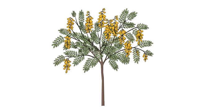Blooming yellow flowering tree illustration featuring delicate green foliage and golden blossoms isolated on white background