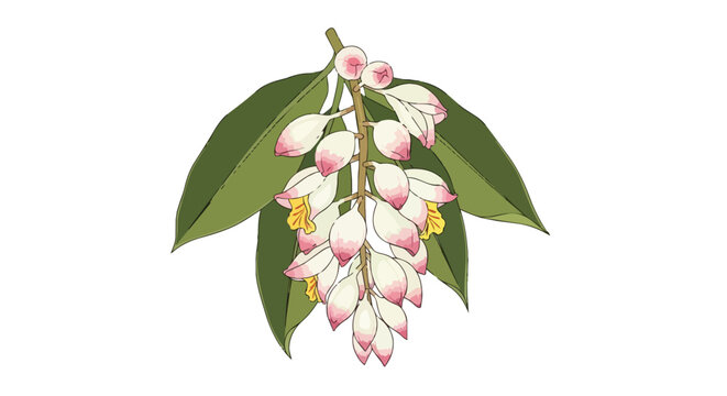 Botanical Illustration of Pink Shell Ginger Flower Alpinia Zerumbet with Green Leaves on White Background
