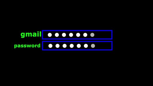 Animation process of entering gmail and password icon with access denied screen and check mark on black background 4k motion video.