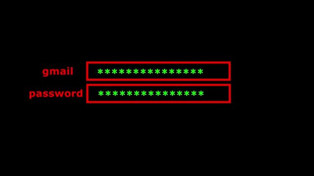 Animation process of entering gmail and password icon with access denied screen and check mark on black background 4k motion video.