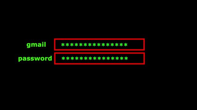 Animation process of entering gmail and password icon with access denied screen and check mark on black background 4k motion video.
