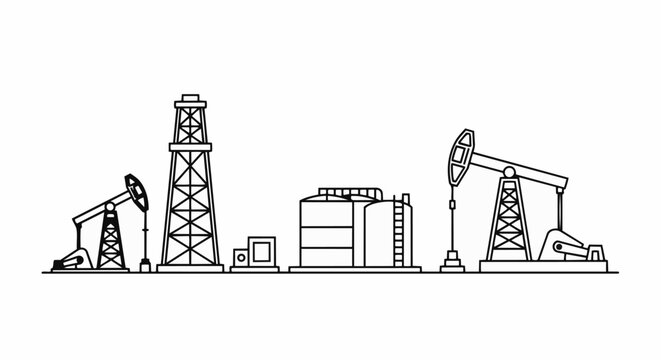 Oil drilling rig and refinery industrial landscape illustration.