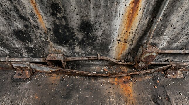 Grungy concrete ceiling with exposed wires and rust stains in an abandoned industrial setting.