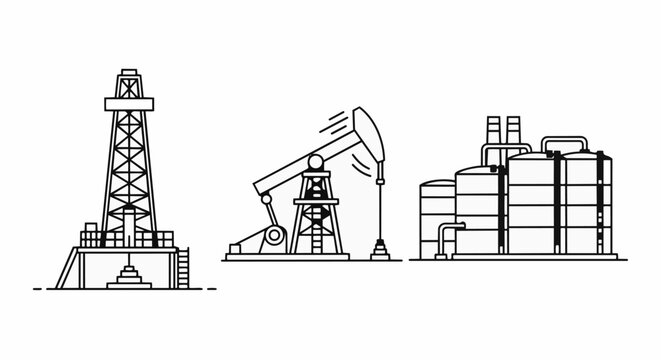 Oil drilling rig pumpjack and refinery industrial complex line art illustration.