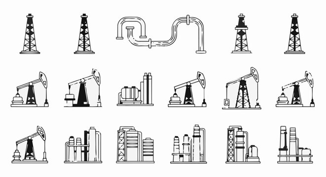 Oil industry equipment and facilities illustration set.