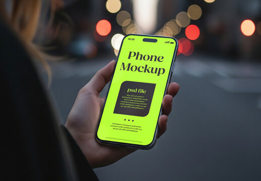Close up of a smartphone held by hand outdoor at night