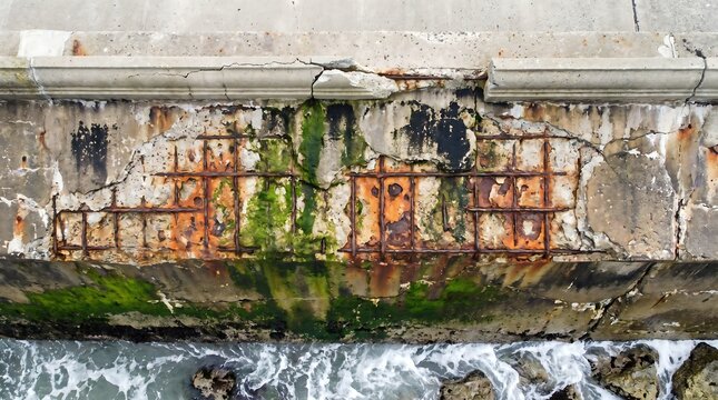 Severe concrete spalling and exposed rusted rebar on a coastal sea wall showing structural damage and green algae growth.