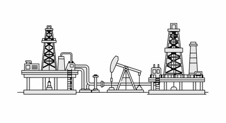 Fototapeta premium Oil drilling rig and pumpjack industrial complex illustration.