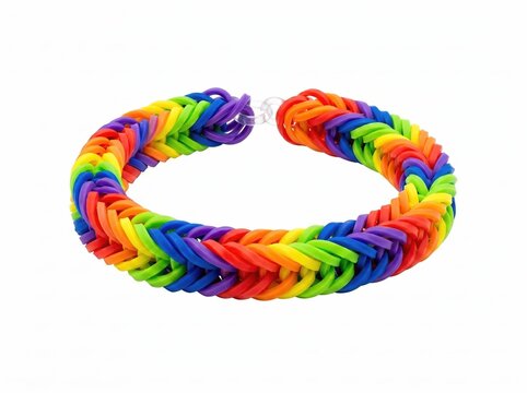 Colorful rainbow loom bracelet with fishtail pattern on white background.