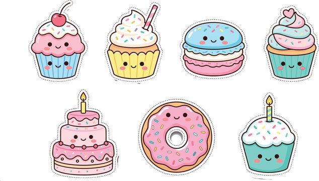PrintCute kawaii dessert sticker collection featuring cupcakes cakes and donuts for birthday party celebration vector illustration