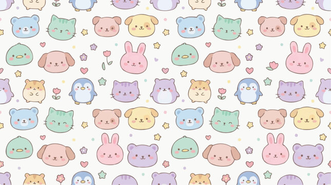Seamless pattern with cute cartoon animals, including cats, dogs, bunnies, bears, and penguins
