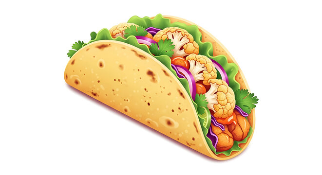 Vegan cauliflower taco with roasted florets, purple cabbage, cilantro and lime in a crispy corn tortilla, isolated on white background, vibrant colorful vector illustration with flat design.