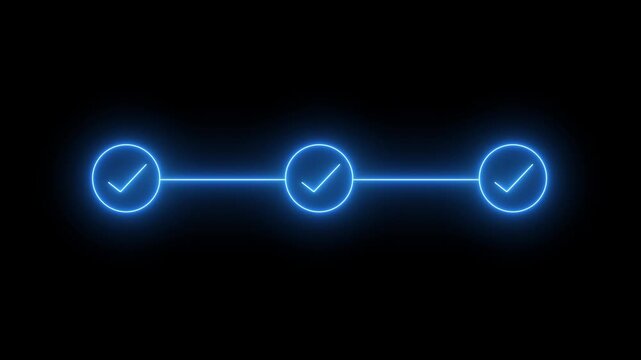 neon 3 step infographic step by step process icon animation. step process success with check marks animation on black background 4k video