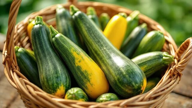 Basket of fresh green and yellow zucchinis on wooden table