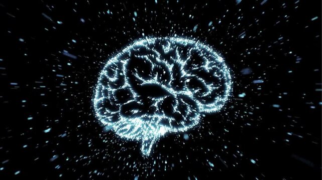 Dynamic digital brain illuminated by glowing particles, embodying artificial intelligence, scientific discovery, and the intricate connections of human thought