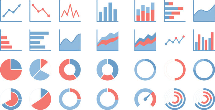 Professional Business Data Analytics Icon Set Featuring Line Graphs, Bar Charts, Pie Charts, and Circular Progress Gauges for Corporate Financial Reports, Marketing Presentations, and Strategic Perfor