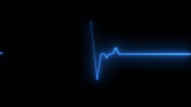 Neon Ekg line animation Heart beat. . EKG heart rate display screen medical research One pulse line. ECG heartbeat monitor, ECG monitor, Heart beating and pumping, on black background 4k video