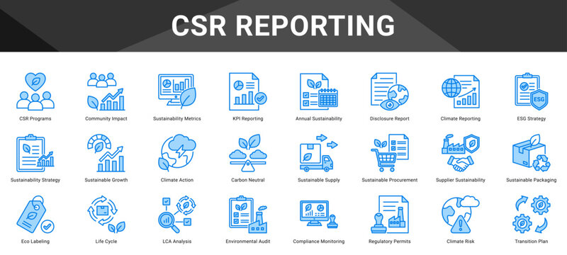 CSR REPORTING  Icon set collection. Vector icon pack featuring thematic icons for your presentations or business.