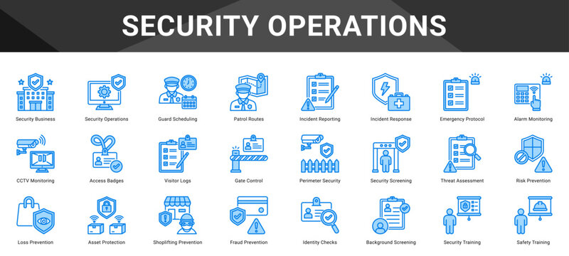 SECURITY OPERATIONS  Icon set collection. Vector icon pack featuring thematic icons for your presentations or business.