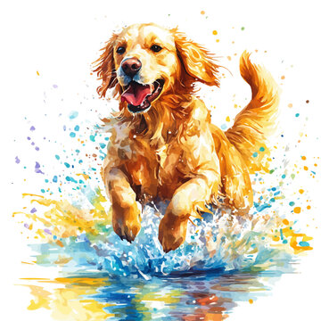 Dog Jumping Water Splash, elegant watercolor illustration luminous highlights, isolated on a white background.