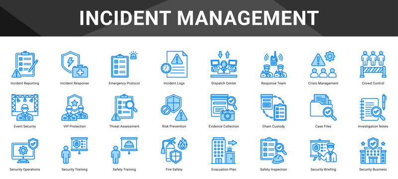 INCIDENT MANAGEMENT  Icon set collection. Vector icon pack featuring thematic icons for your presentations or business.