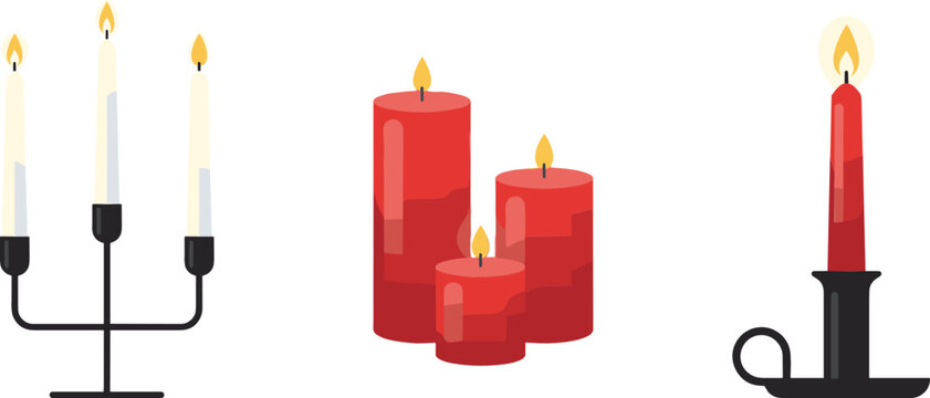 Decorative Candle Vector Set Featuring Elegant Candelabra with Taper Candles, Red Pillar Candles, and Single Chamberstick for Home Decor, Romantic Dinner, and Festive Holiday Atmosphere Concepts
