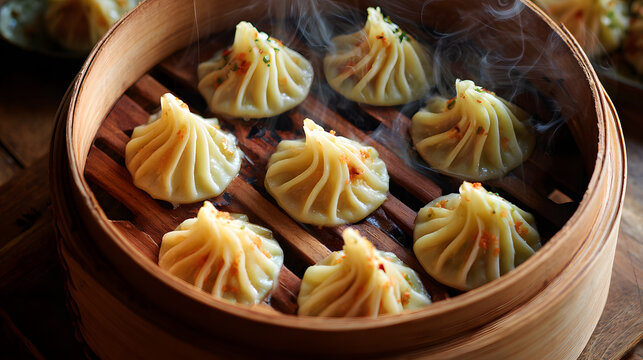 Steamed dumpling xiao long bao bamboo steamer soup dumpling dim sum Chinese dumpling pleated dumpling hot steam wooden basket savory filling restaurant dish traditional cuisine Asian food bite