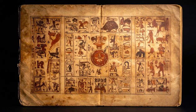 Ancient Mayan Codex Page with Vivid Illustrations and Glyphs, a Historical Manuscript Rich in Cultural Detail