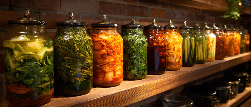 Wide kimchi fermentation station jar kimchi fermentation jar pickled vegetable cabbage radish green onion jar lid mason jar glass jar probiotic spicy savory preserved brine shelf wooden shelf