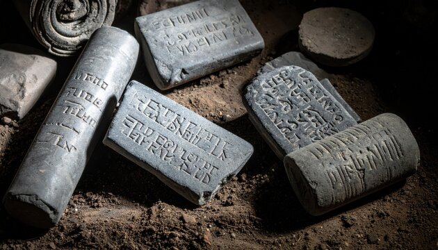 Ancient inscribed lead curse tablets with rolled fragments and detailed script unearthed from antiquity.