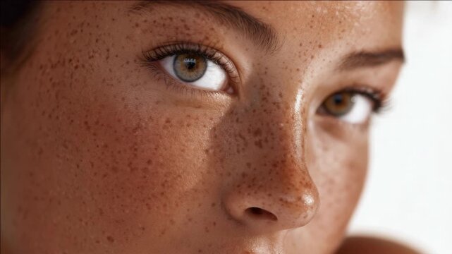 Close-up of a woman's face with freckles and green eyes. Soft lighting highlights her skin texture and gaze. Her eyes look directly at the camera with gentle expression