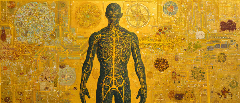 Human nervous system illustration with golden circuitry overlay, systemic inflammation reduction concept, abstract medical map showing nerves and networked pathways in warm tones