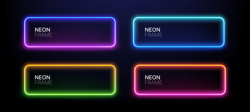 Set of four glowing neon frame rectangle shapes on dark background. Abstract futuristic light border for digital design. Vibrant electric sign element for web banner and graphic element.