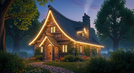 Naklejka premium Enchanting Stone Cottage with Twinkling Lights at Twilight