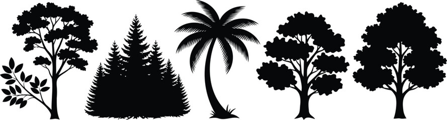 Fototapeta premium Various tree silhouettes vector illustration line art set.
