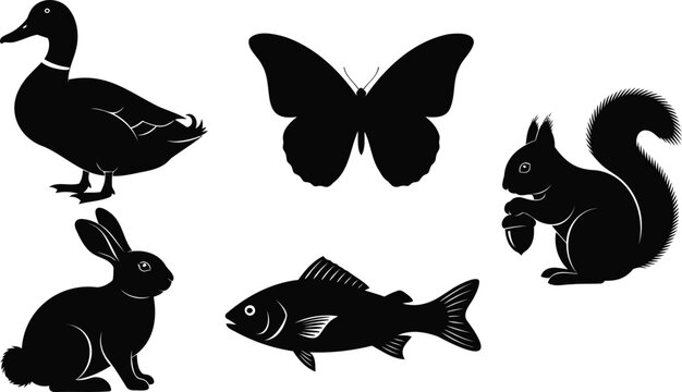 Wildlife animal silhouette icons including duck butterfly squirrel rabbit and fish set.