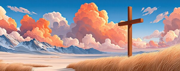 Naklejka premium Wooden cross standing in a grassy field under dramatic clouds with distant mountains at sunset