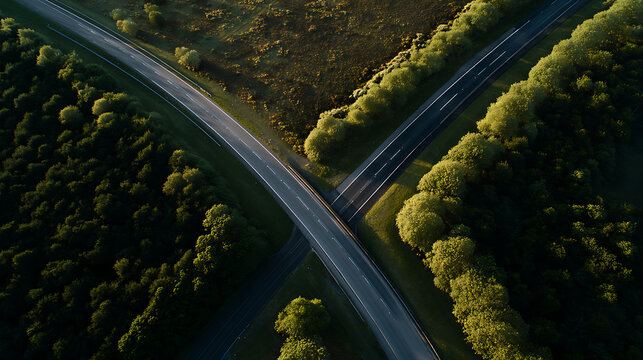 Aerial view of a quiet road intersection through green forests and fields at sunrise, showcasing nature and infrastructure