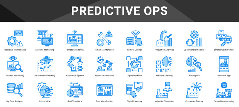 PREDICTIVE OPS  Icon set collection. Vector icon pack featuring thematic icons for your presentations or business.