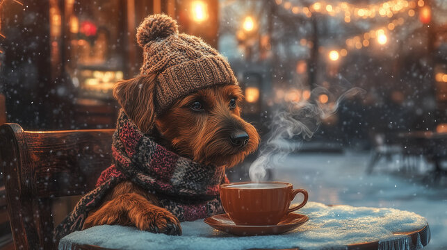 Realistic portrait of a cute terrier dog in winter clothes sitting at the table in street cafe with cup of hot coffee looking far away, street with evening lights and buildings on the background