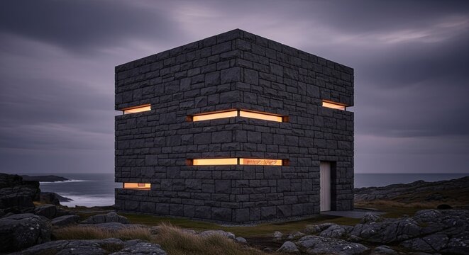 Modern stone cube house on rocky coast at dusk, warm interior light glowing