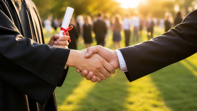 graduate in a gown holding a diploma while shaking hands with a person in a suit and people in the background achievement, success, and transition into professional life background