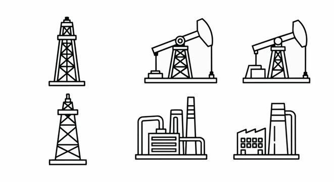 Oil industry equipment icons including pumpjacks and refineries.