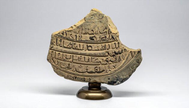 Fragment of ancient pottery ostracon with well-preserved Demotic script inscription, displayed on a modern stand for study.
