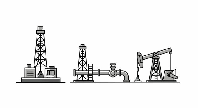 Oil industry equipment including drilling rig pumpjack and pipeline.